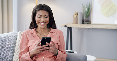 Buy stock photo Happy, black woman and relax with phone at house for communication, social media and website. Smile, female person and mobile for research, surfing internet and chat notification for texting contact