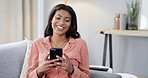 Black woman, relax and laugh with phone at house for communication, social media and website. Happy, female person and mobile for research, surfing internet and chat notification for texting contact