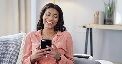 Buy stock photo Black woman, relax and laugh with phone at house for communication, social media and website. Happy, female person and mobile for research, surfing internet and chat notification for texting contact