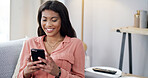 Smile, black woman and relax with phone at house for communication, social media and website. Happy, female person and mobile for research, surfing internet and chat notification for texting contact