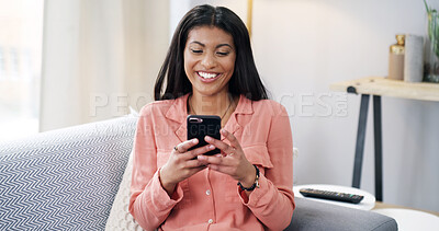 Buy stock photo Smile, black woman and relax with phone sofa for communication, social media and website. Happy, female person and mobile for research, surfing internet and texting contact with notification at house