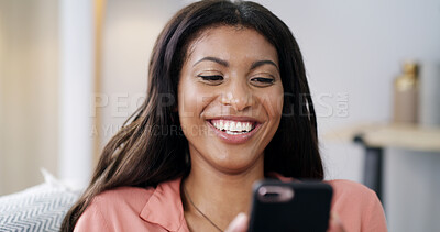 Buy stock photo Woman, phone and laugh for texting on sofa, relax or contact on web chat with online dating at home. African person, smartphone and happy with mobile app, meme and social media on couch at apartment