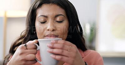 Buy stock photo Smelling, coffee and woman in home, relax or scent of warm beverage, morning or liquid in apartment. Inhale, aroma and black person with hot chocolate, calm and peace with drink, break and house