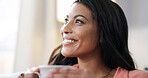 Happy woman, relax and thinking with cup in home for ambition, daydreaming or memory. Thoughtful, female person or smile with contemplation or mug for start, reflection or weekend break in house