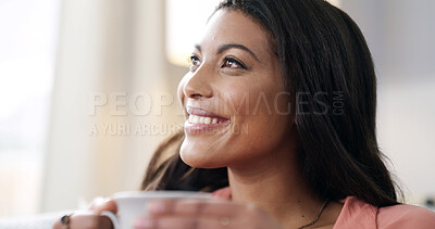Buy stock photo Happy woman, relax and thinking with cup in home for ambition, daydreaming or memory. Thoughtful, female person or smile with contemplation or mug for start, reflection or weekend break in house