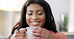 Smelling, coffee and woman in home, smile or scent of warm beverage, morning or liquid in apartment. Inhale, aroma and black person with hot chocolate, calm and peace with drink, break and house