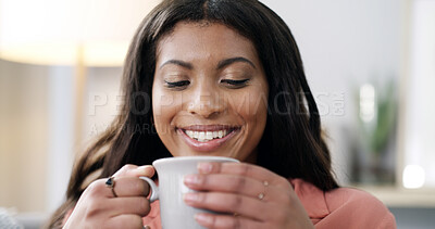 Buy stock photo Smelling, coffee and woman in home, smile or scent of warm beverage, morning or liquid in apartment. Inhale, aroma and black person with hot chocolate, calm and peace with drink, break and house