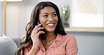 Phone call, happy and woman in home for listening, networking or connectivity. Living room, communication and African person on mobile for conversation, gossip story or chat with contact for news
