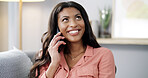 Phone call, smile and woman in home for listening, networking or connectivity. Living room, communication and African person on mobile for conversation, gossip story or chat with contact for news