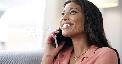 Buy stock photo Phone call, smile and woman in living room for listening, talking and connection. Home, communication and African person on mobile for conversation, gossip story and chat with contact for news