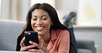 Woman, phone and laugh for texting on couch, relax and contact on web chat for online dating at home. African person, smartphone and happy with mobile app, meme or social network on sofa at apartment