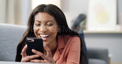 Buy stock photo Happy woman, relax and laughing with phone on sofa for funny joke, social media or post in home. Female person, user or lying with smile on mobile smartphone for humor, comedy or connection in house