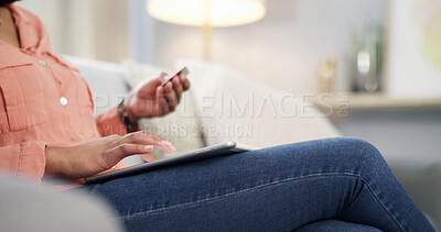 Buy stock photo Home, tablet and woman on sofa, credit card and purchase with payment, online shopping and internet. Password, tech and person on couch, transactions and ecommerce with savings, buying and banking