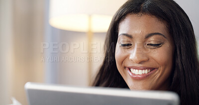 Buy stock photo Home, smile and woman with tablet, relax and online reading with connection, app and social media. Apartment, tech and happy person with internet, chatting and network with website info or funny meme