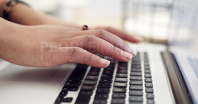 Buy stock photo Hands, internet and typing on computer for startup business, research or entrepreneur planning. Closeup, keyboard and woman on laptop for writing email, schedule and administration work in office