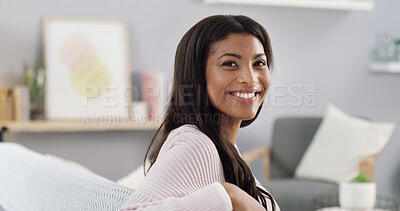 Buy stock photo Portrait, relax and woman in lounge, home or positive attitude for break, smile or calm in apartment. Happy, black person and chill in living room, rest and comfortable on couch, confident and house
