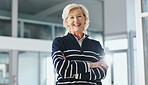 Portrait, doctor and woman in hallway, arms crossed and smile with career ambition, wellness and pride. Mature person, confidence and happy professional in clinic, healthcare and medicare facility
