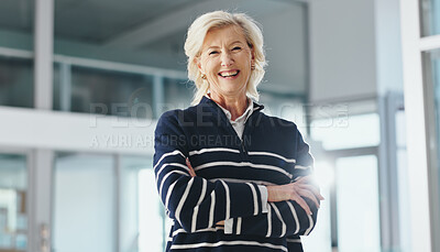 Buy stock photo Portrait, doctor and woman in hallway, arms crossed and smile with career ambition, wellness and pride. Mature person, confidence and happy professional in clinic, healthcare and medical facility