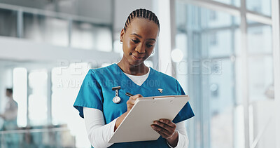 Buy stock photo Nurse, clipboard and black woman in hospital writing notes for surgery schedule, planning and service. Healthcare, clinic and person with paperwork for insurance form, medical report and patient info