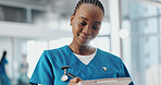Nurse, clipboard and black woman in hospital with checklist for surgery schedule, planning and notes. Healthcare, clinic and person with paperwork for insurance form, medical report and patient info
