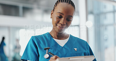 Buy stock photo Nurse, clipboard and black woman in hospital with checklist for surgery schedule, planning and notes. Healthcare, clinic and person with paperwork for insurance form, medical report and patient info