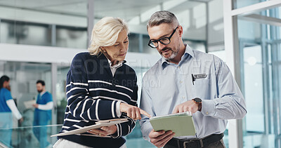 Buy stock photo Tablet, doctor and team with people in hospital for medical administrator, review and checklist. Surgery schedule, patient test results and healthcare report with man and woman for telehealth