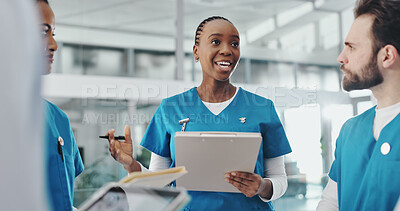 Buy stock photo Woman, nurse and talking to team in hospital for planning, medical report and surgery schedule. People, clipboard and healthcare checklist, operation feedback and patient charts for treatment results