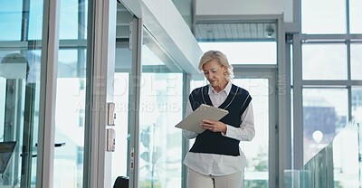 Buy stock photo Clipboard, doctor and planning with woman in hospital for medical administrator, review and checklist. Surgery schedule, patient test results and healthcare report with mature person for documents