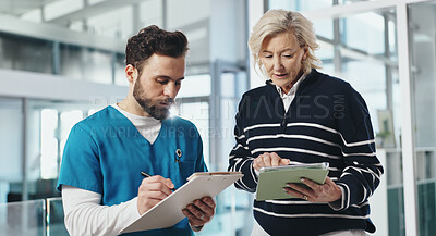 Buy stock photo People, nurse and meeting with clipboard at hospital of planning, medical report and surgery schedule. Staff, tablet and team brainstorming, operation feedback and patient charts of treatment results