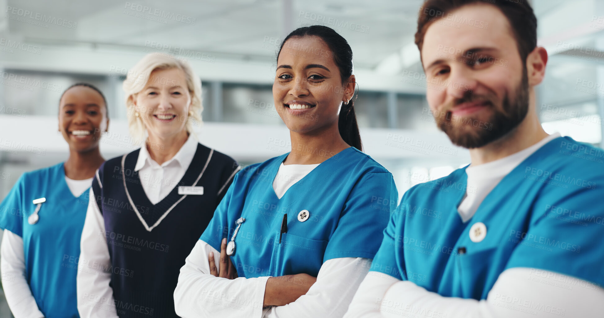 Buy stock photo Medical staff, woman and group portrait in clinic for healthcare support, medicare help or about us. People, doctor and nurses with arms crossed for hospital management, collaboration and solidarity
