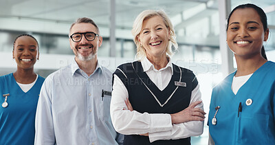 Buy stock photo Doctors, nurses and group portrait in clinic for healthcare support, medical service and about us. Medicine staff, people and happy with arms crossed for hospital management, collaboration and trust
