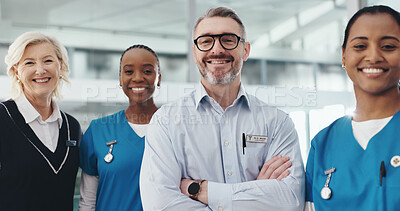 Buy stock photo Doctors, nurses and group portrait in hospital for medical support, health service and about us. Healthcare staff, people and happy with arms crossed for clinic management, medicine teamwork or trust