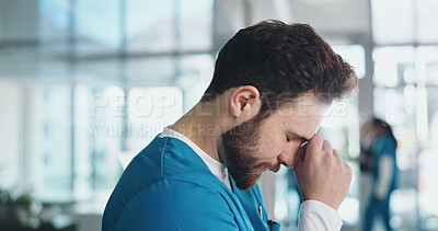 Buy stock photo Healthcare, stress and nurse with headache in clinic for surgery fail, anxiety and medical pressure. Unhappy, man and tension migraine in hospital for bad news, health mistake and overwhelmed by loss