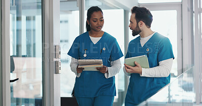 Buy stock photo People, nurse and talk with tablet in hospital for planning, medical report and surgery schedule. Staff, team and checklist for healthcare, operation feedback and patient charts for treatment results