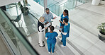 People, nurse and meeting in lobby at hospital for planning, medical report and surgery schedule. Above, staff and folder for brainstorming, operation feedback and patient charts of treatment results