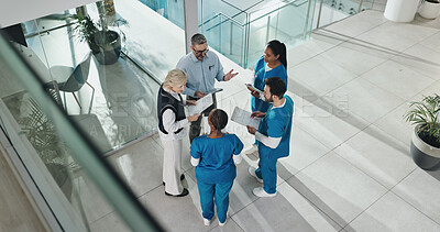 Buy stock photo People, nurse and meeting in lobby at hospital for planning, medical report and surgery schedule. Above, staff and folder for brainstorming, operation feedback and patient charts of treatment results