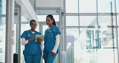 Buy stock photo Tablet, discussion and nurses in hospital with medical research, treatment plan or diagnosis. Digital technology, conversation and female healthcare employees with collaboration for support in clinic