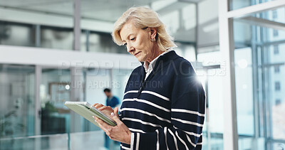 Buy stock photo Tablet, doctor and reading with woman in hospital for medical administrator, review and digital checklist. Surgery schedule, test results and healthcare report with mature person for telehealth