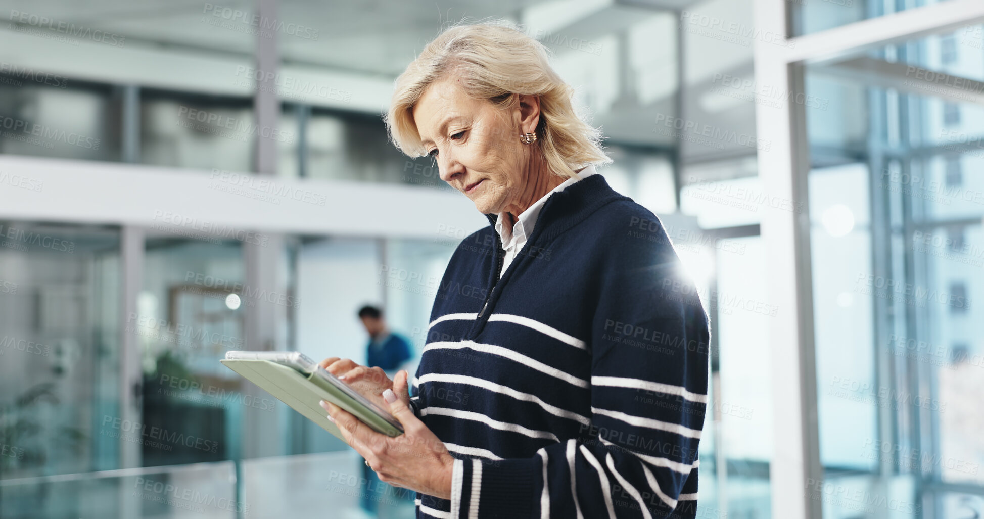 Buy stock photo Tablet, doctor and reading with woman in hospital for medical administrator, review and digital checklist. Surgery schedule, test results and healthcare report with mature person for telehealth