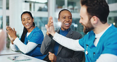 Buy stock photo Woman, doctors and high five for celebration at meeting, achievement or congratulations at wellness clinic. People, medical staff and happy with group, thanks and team for goals in hospital boardroom