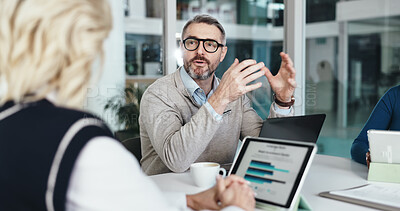 Buy stock photo Hospital, meeting and people with laptop for review, discussion and budget report for insurance. Healthcare, clinic and staff on computer with statistics for medical research, planning and feedback