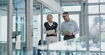 Buy stock photo Tablet, team and discussion with doctors in hospital for medical administrator, search and clipboard. Surgery schedule, patient results and healthcare report with man and woman for telehealth app