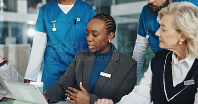 Buy stock photo Meeting, group and medical team with tablet, hospital and review of treatment plan on web or online. Collaboration, doctors and planning for patient care budget, administration and people with tech