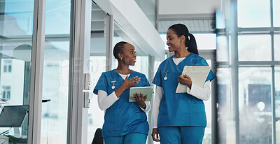 Buy stock photo People, nurse and talk for meeting in hospital for planning, medical report and surgery schedule. Staff, team and tablet for healthcare, operation feedback and charts checklist with treatment results