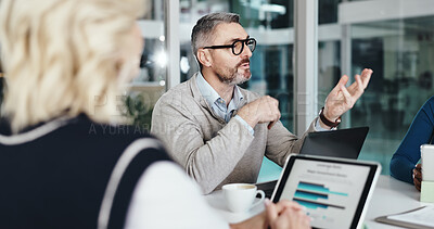 Buy stock photo Hospital, meeting and people with laptop for teamwork, discussion and budget review for insurance. Healthcare, clinic and staff on computer with statistics for medical research, planning and funding