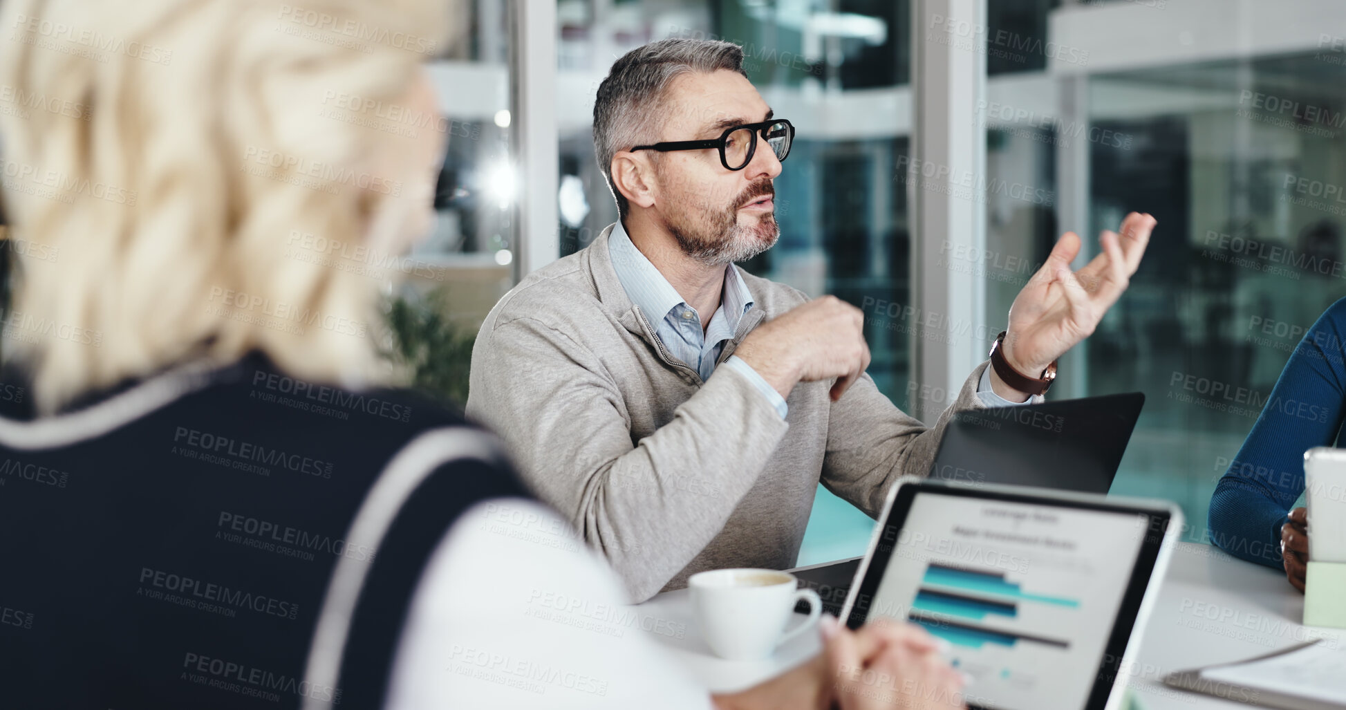 Buy stock photo Hospital, meeting and people with laptop for teamwork, discussion and budget review for insurance. Healthcare, clinic and staff on computer with statistics for medical research, planning and funding