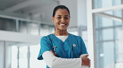Buy stock photo Portrait, doctor and woman in clinic, arms crossed and smile with confidence, healthcare and pride. Happy person, medical service and professional in hallway, career ambition and cancer facility