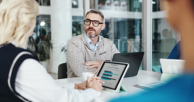 Buy stock photo Hospital, meeting and people with tablet for teamwork, discussion and budget review for insurance. Healthcare, clinic and staff on computer with statistics for medical research, planning and funding