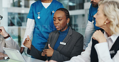 Buy stock photo Doctors, nurses or meeting with tablet in hospital for surgery schedule, task delegation or planning. Medical staff, people and feedback with tech for clinic management, healthcare cost and teamwork