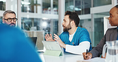 Buy stock photo Nurse, man and talking with team in office for planning, medical report and feedback on operation. People, tablet and meeting for healthcare, surgery schedule and brainstorming for hospital funding